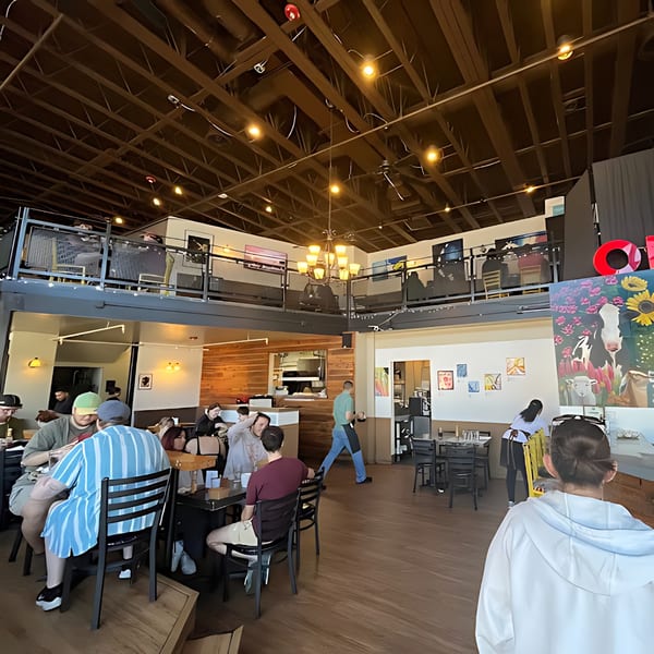 The Wayward Cafe's spacious interior with customers dining on both the main floor and mezzanine.