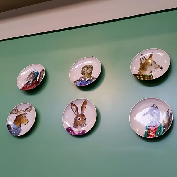Six decorative plates with anthropomorphic animal portraits, including a moose, rabbit, and fox, on a green wall.
