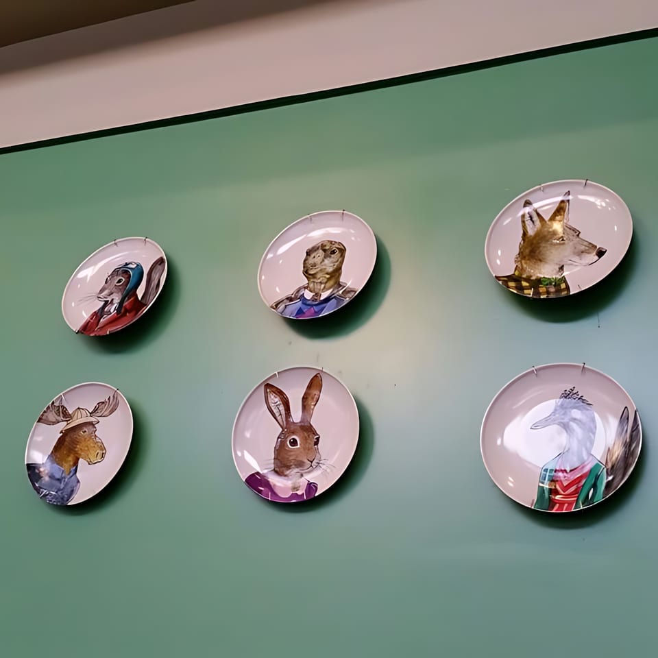 Six decorative plates with anthropomorphic animal portraits, including a moose, rabbit, and fox, on a green wall.