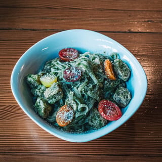 plant based Creamy Chiggen Pesto Fettuccine
